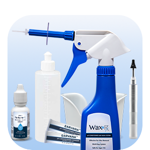 Collection of cleaning products including a blue spray bottle, white bottles, and a tube on a light blue background.