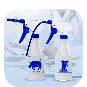 Two bottles with blue nozzles and a blue logo on a light blue background